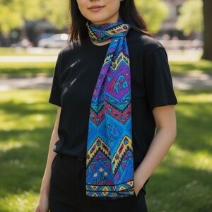 VTG 90s Liz Claiborne Colorful Geometric and Floral Silk Scarf Southwest Cowboy